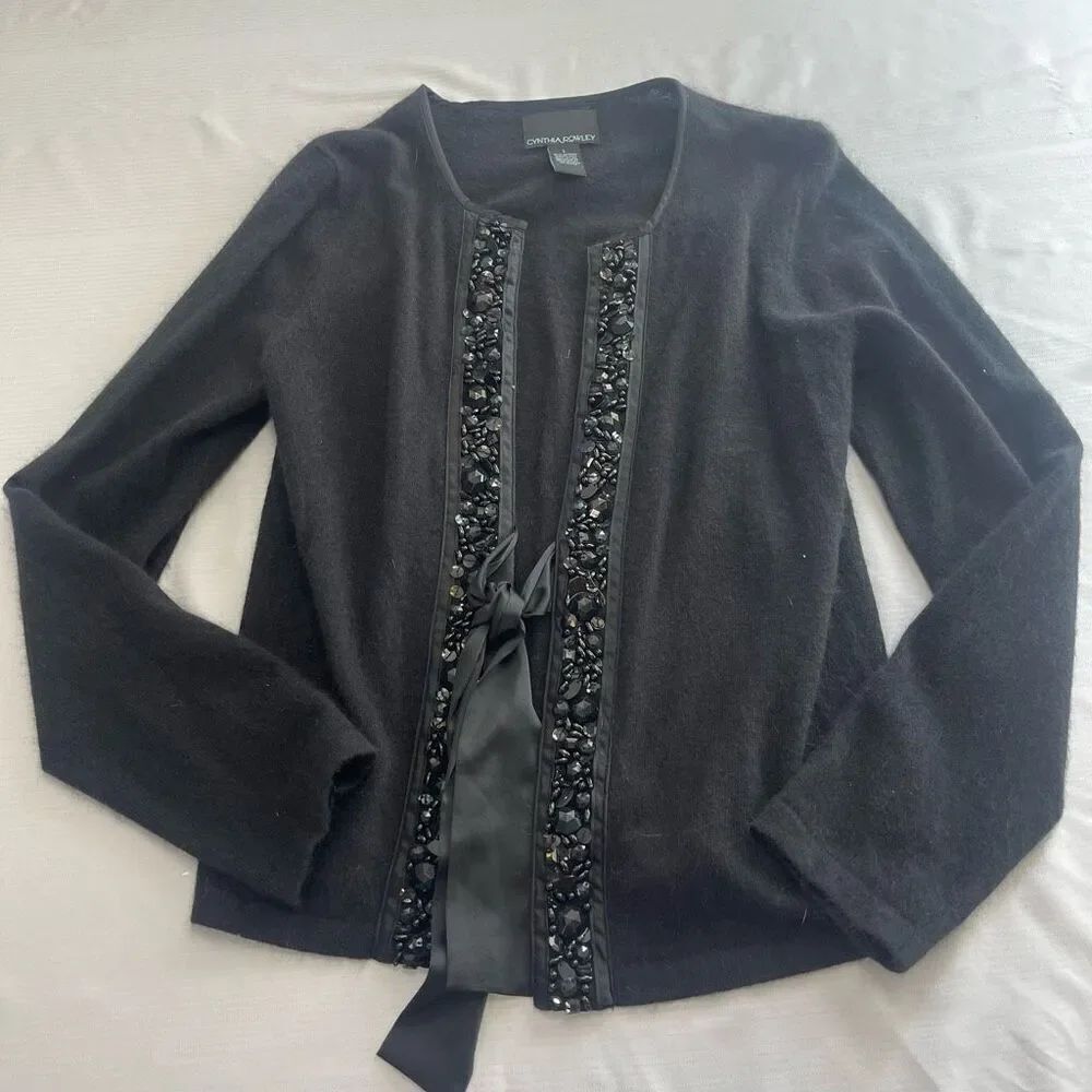 Cynthia Rowley Angora Rabbit Hair Black Embellished Cardigan Sweater Size Large